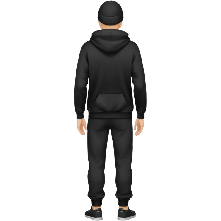 fullbody caucasian man in black hoodie on head, hands in his pockets and black pants rear backview emoji