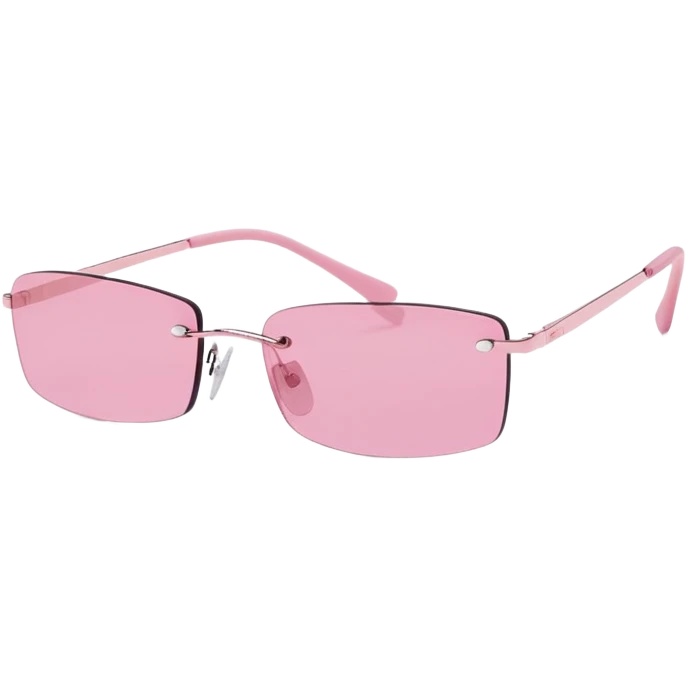 tiny Y2K pink rimless sunglasses, narrow rectangular lenses, minimalist 2000s style emoji