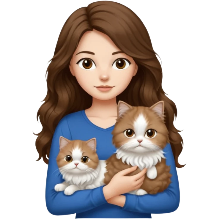 a girl with long wavy ish brown hair with a blue top and black pants holding a white persian cat  emoji