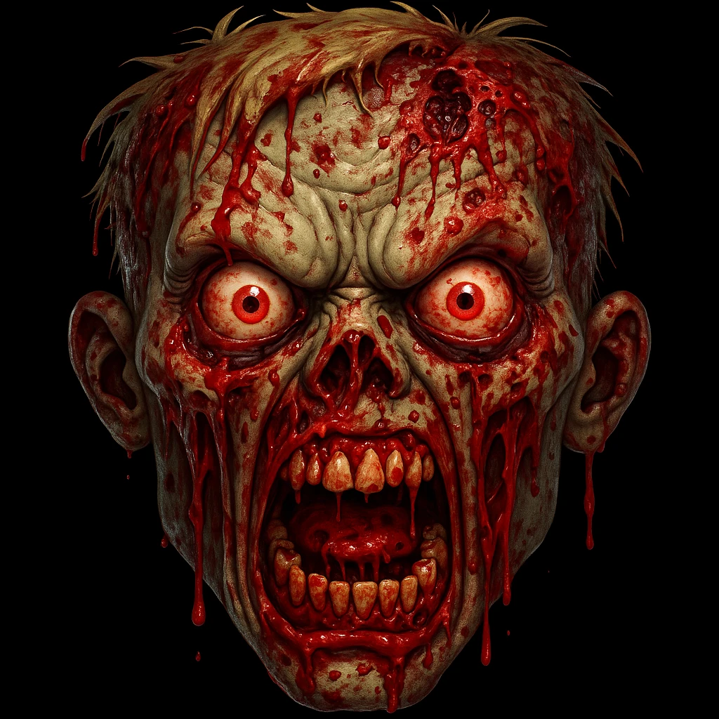 Add more gore, blood, and wounds to the angry zombie emoji style. Maintain the emoji style characteristics with vivid gore and blood details on the angry zombie. emoji