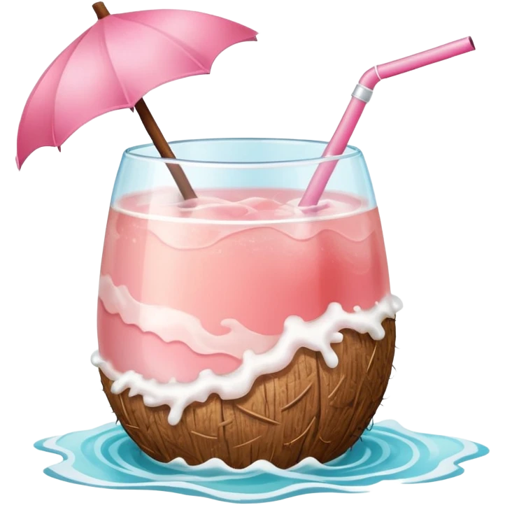 Blush pink coconut drink in a clear glass, ocean waves in background. emoji