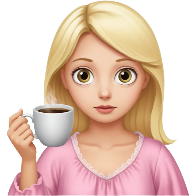 A blonde woman in a pink nightgown with wide eyes looks for coffee. emoji