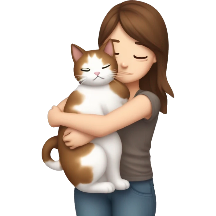 ￼ Brown hair girl hug fat calico cat emoji