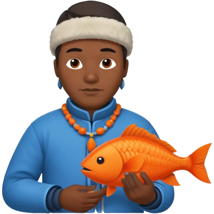 inuit man with traditional inuit clothes and orange fish emoji
