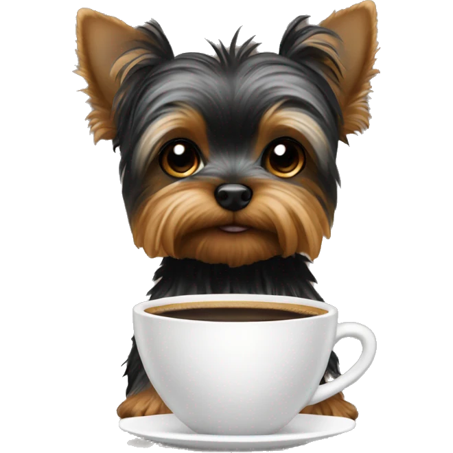 black yorkie sitting at a table drinking coffee emoji