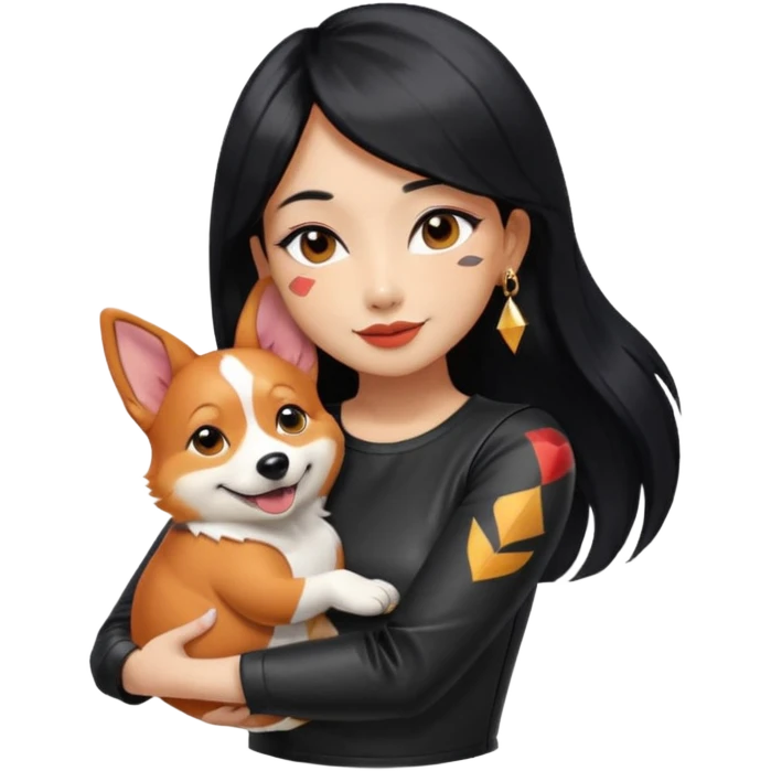 apple-style emoji of an Asian girl with long straight hair, side-swept bangs, black leather dress, gold drop earrings, bold false lashes, and a geometric 3/4 sleeve tattoo on her left arm, hugging a joyful red head tri-color corgi, simplified, emoji-like emoji