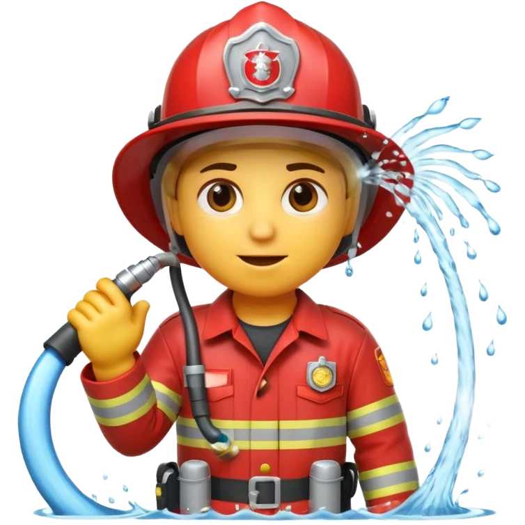 A 3D Apple-style emoji character dressed as a firefighter in a bright red uniform and helmet, holding a fire hose spraying water forward, determined expression with cartoonish eyes, water splashing effect, clean minimal background emoji