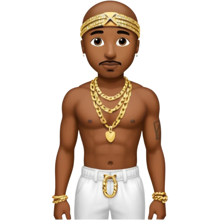 Tupac with white sequin baggy pants, shirtless with necklace emoji