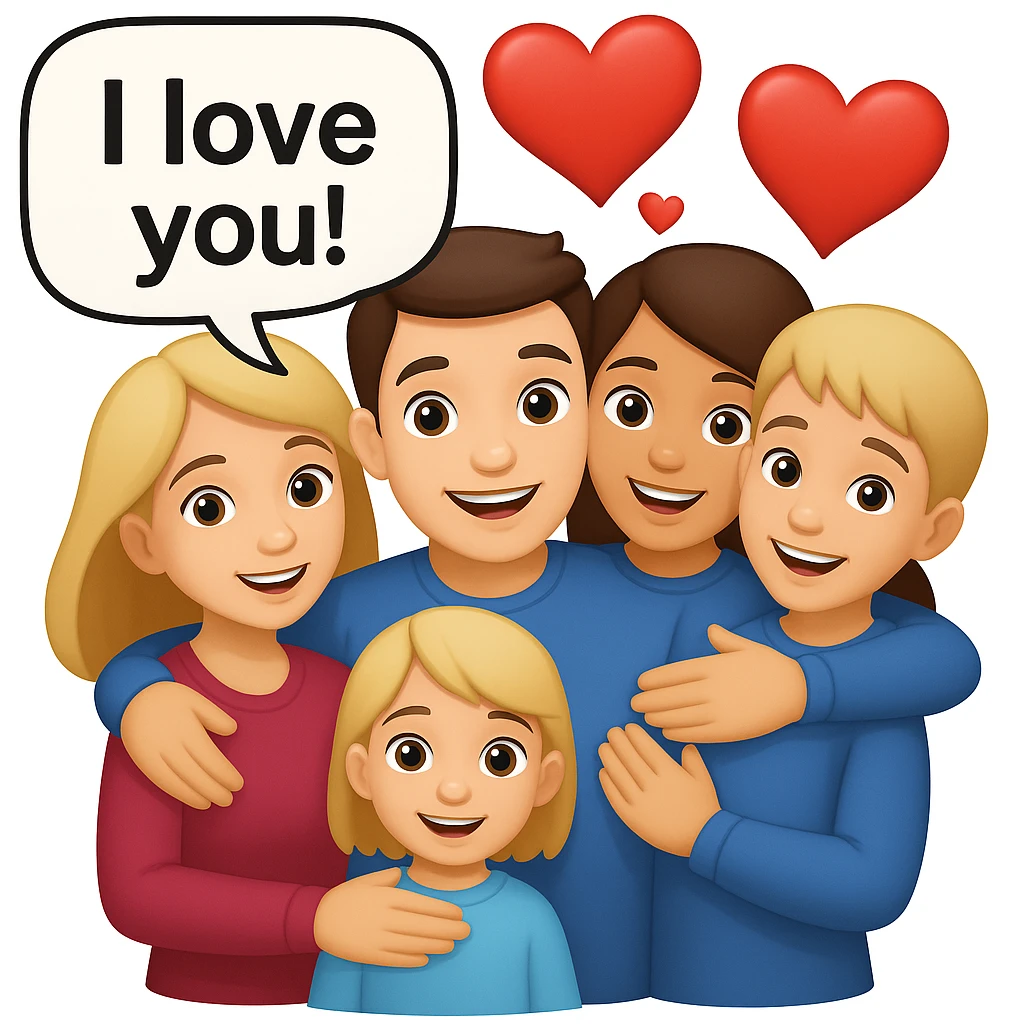 Add a speech bubble with the greeting 'I love you!' to the image, keeping the emoji style cheerful and expressive emoji