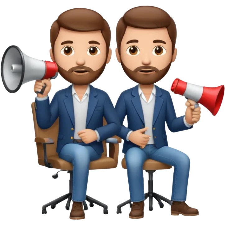 film director emoji with a modern megaphone and director's chair, brown hair and short beard, jeans and a undershirt with blazer top.  emoji