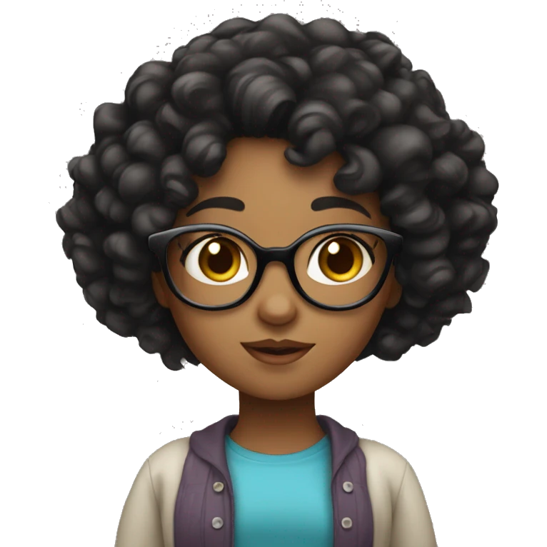 Girl with curly black hair and medium brown skin and black eyes and glasses  emoji