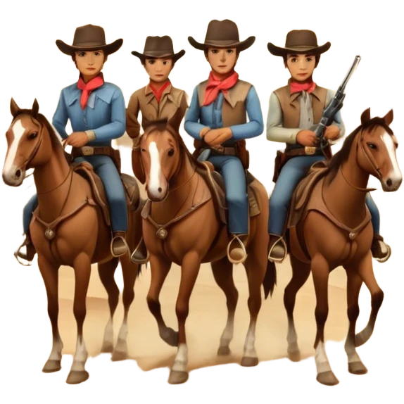Icon for Western: A vintage movie poster-style design with cowboys on horseback, dusty desert landscape, and a setting sun. Include cowboy hats, revolvers, and an old saloon. The design should have bold typography and a retro cinematic feel. Transparent background. emoji
