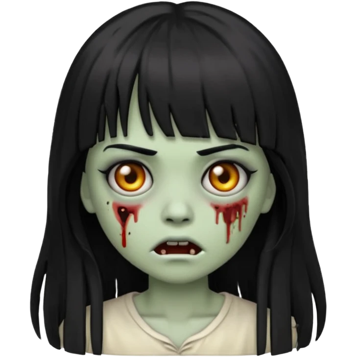 zombie girl emoji with black eyes, long black hair and bangs emoji