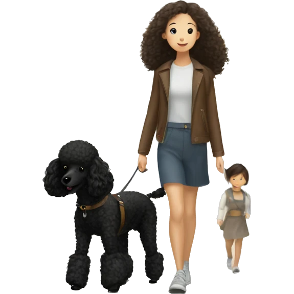3 legs One Small unshaved Black Poodle with brown harness is walking with Korean girl emoji