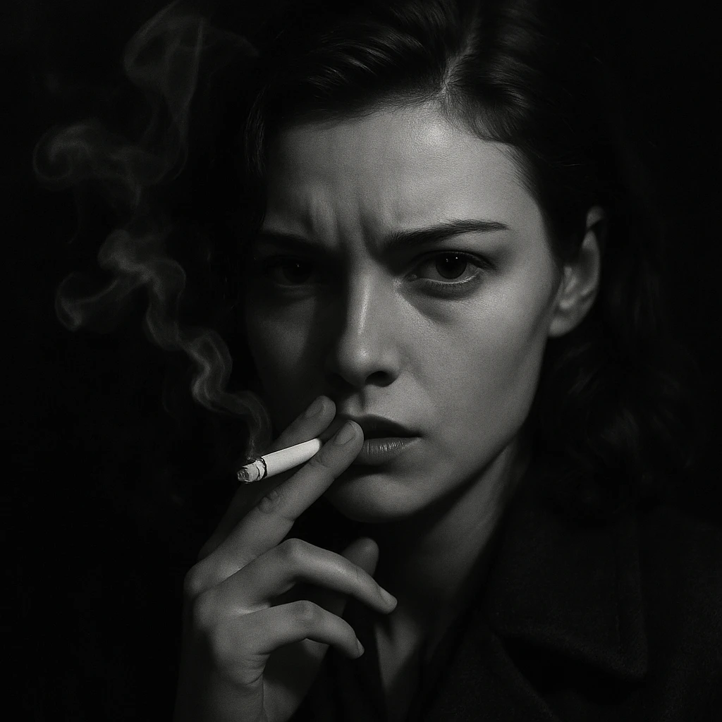 a girl smoking, noir style, close-up, intense gaze, cigarette smoke swirling in the dark emoji