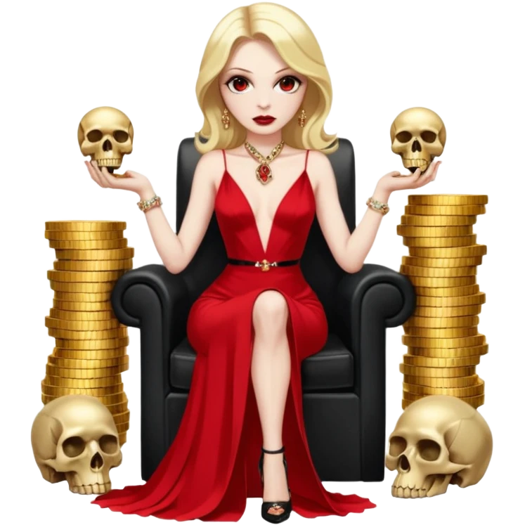Lilith symbol red eye seductress evil shoulder length blonde haired sexy succubus woman with Gucci  long dress with slit, sitting on of gold and diamonds. Black Platform high heels on feet. seat full of stacks of cash,  dead human skull of her enemies in her other hand emoji
