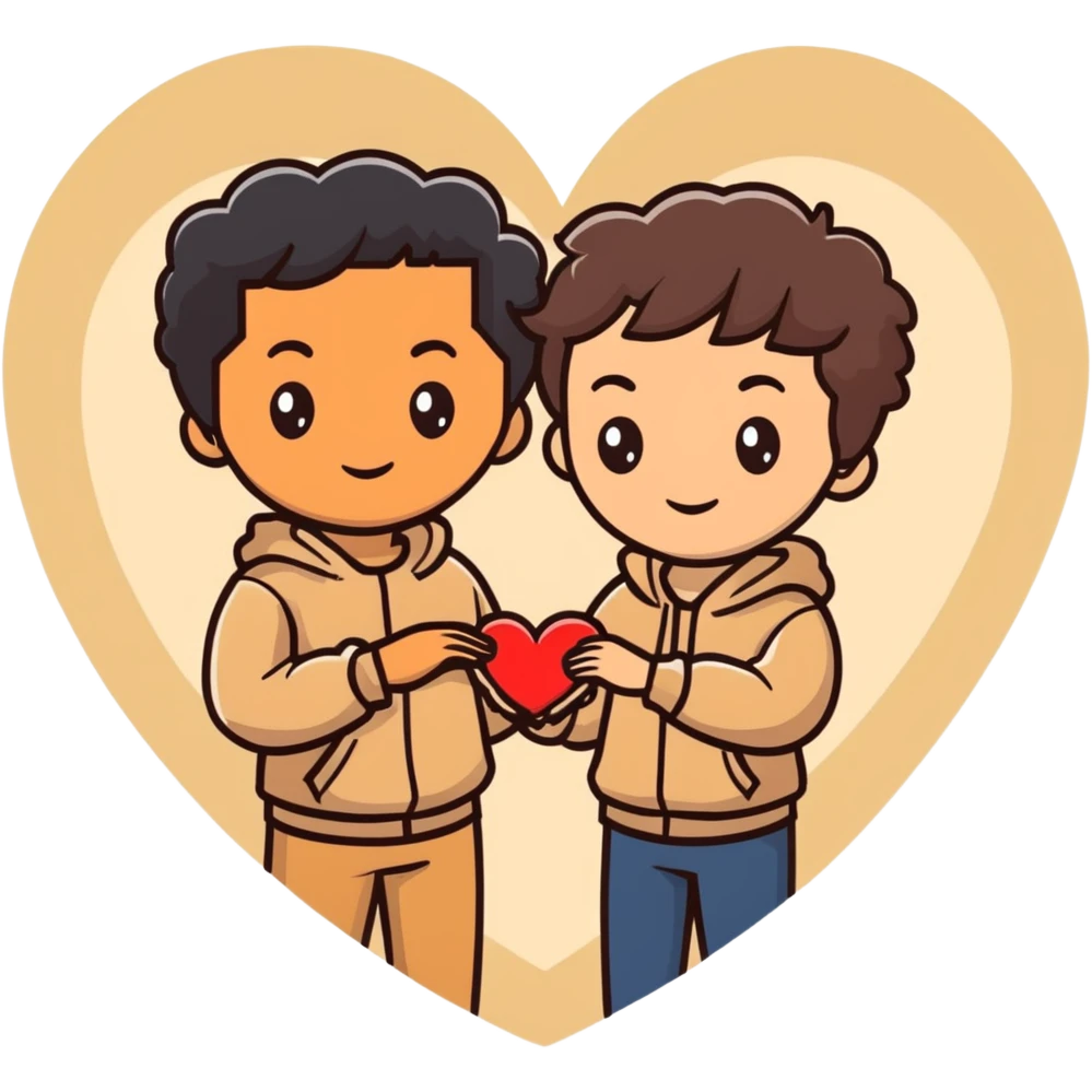 A couple with dark brown hair and mixed skin tone inside a white heart, both wearing beige clothes emoji