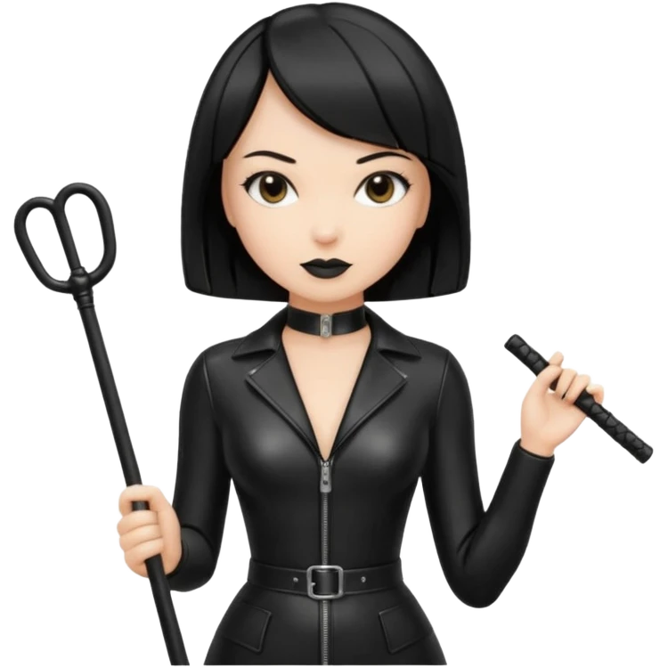 madam with straight bob black hairstyle in black latex with whip in hand emoji
