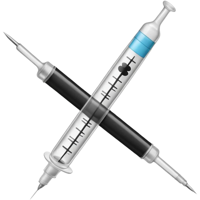 Minimalist emoji-style sticker of a medical syringe with a black tape X across it. Symbol of silence. Desaturated tones.
 emoji
