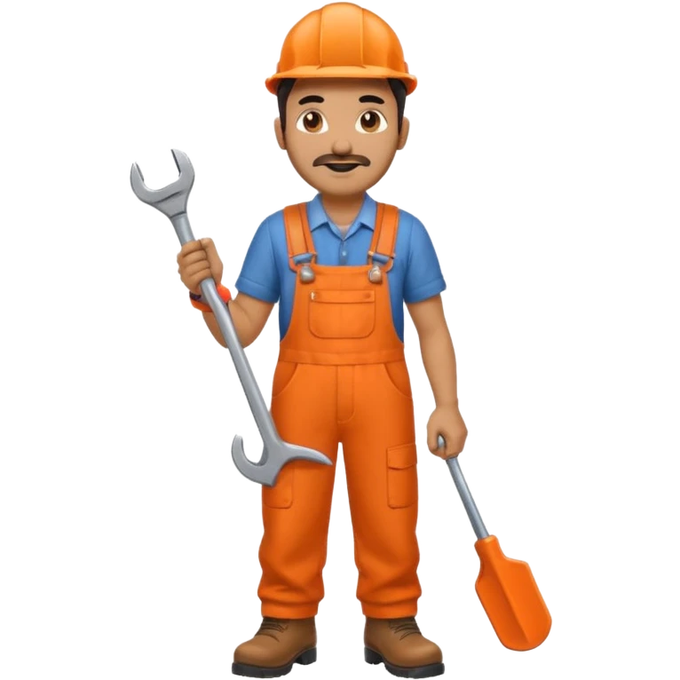 Indian male railway engineer orange overalls, boots holding a spanner emoji