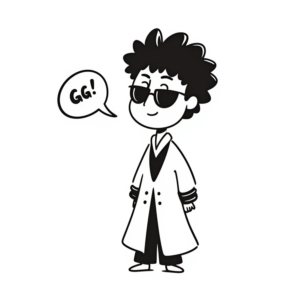 chibi Aizen from Bleach, confident expression, 'GG' in a speech bubble, white captain's robe, brown hair, glasses, hands behind back, chibi style, cute and clever emoji