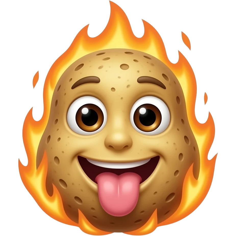 A potato on fire with a realistic face and tounge sticking out and realistic eyes emoji