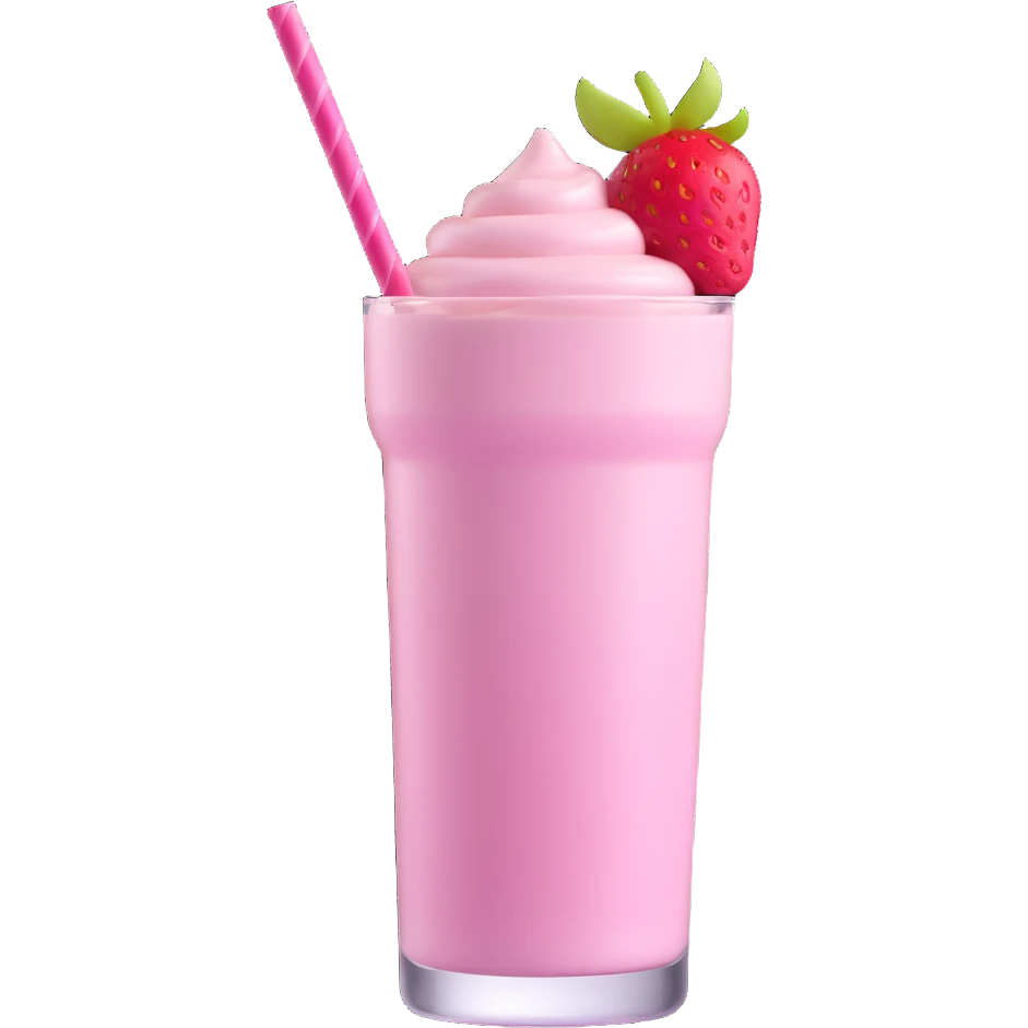 3D style strawberry milkshake with pink hue and cherry on top, tall glass, striped straw, retro diner style emoji