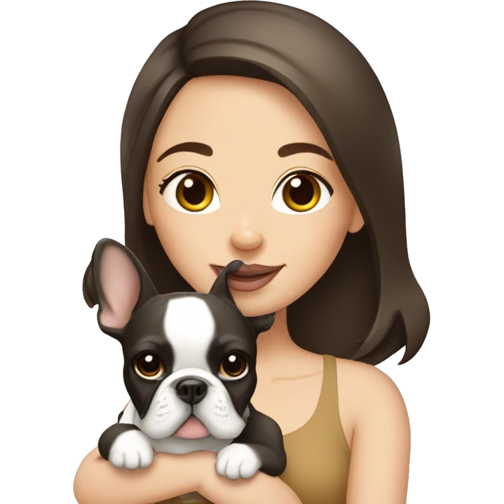 brunette girl holding cream colored french bulldog  emoji