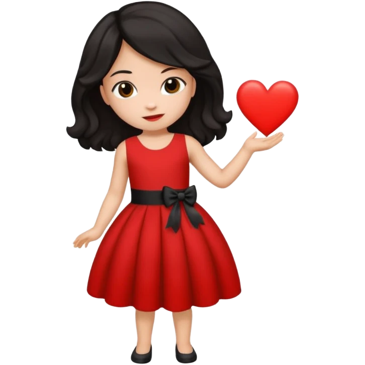 Uma menina de cabelo preto com o vestido vermelho mandando coração vermelho emoji