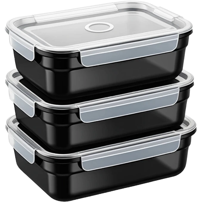 stacked black meal prep containers with clear lid  emoji