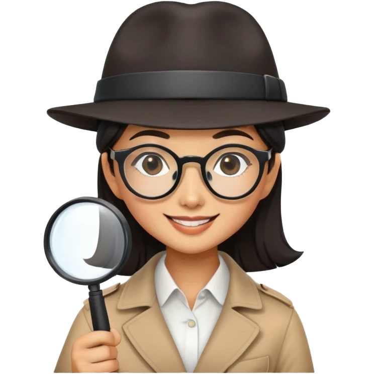 asian girl with large square rectangular black glasses smiling and wearing a detective hat holding a magnifying glass emoji