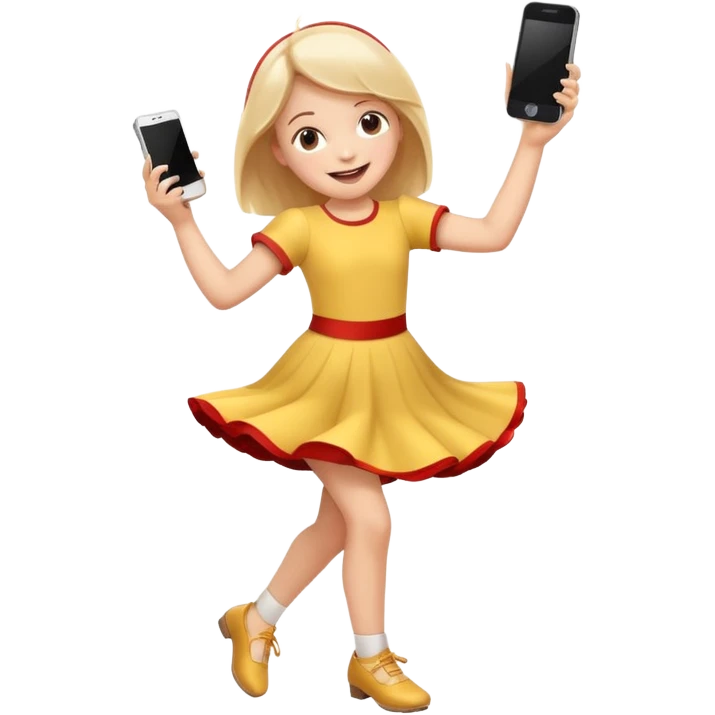 happy child dancing with a phone, spinning on one foot, apple style emoji emoji
