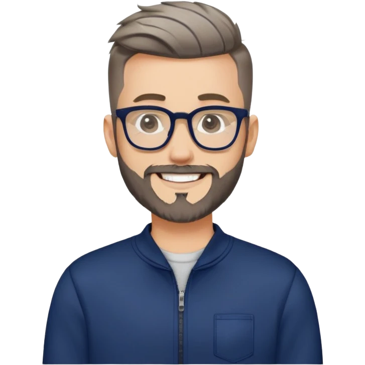 Fair-skinned man with fade haircut (extremely short on sides, slightly longer on top), short salt and pepper beard, large black-framed glasses, smiling, wearing navy blue long sleeve zip sweatshirt emoji