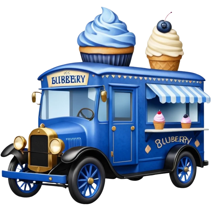 shiny-dark-blue crystal-bodied frozen blueberry muffin, pie, and ice cream, 1912 antique long-wheelbase cab over durable-looking food truck  emoji