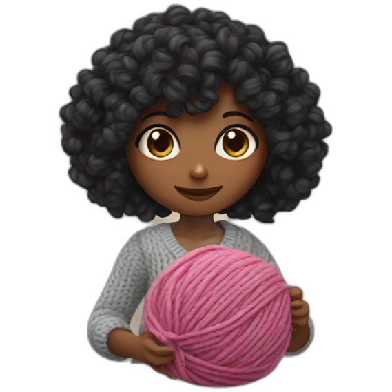 girl with curly mid black hair knitting with yarn ball emoji