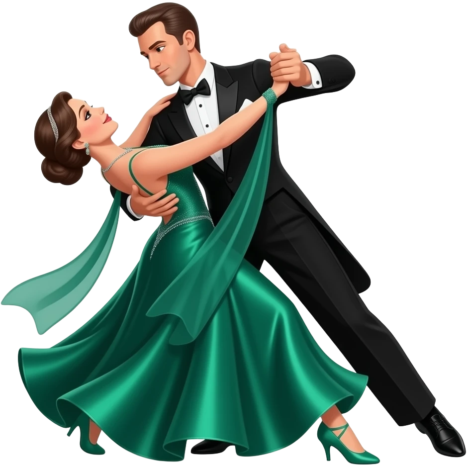 3D emoji of a ballroom dancing couple in a dramatic dip. Man in a black tuxedo, woman in a flowing emerald silk gown. Polished textures, soft cinematic lighting, clean white background, premium sticker aesthetic. emoji