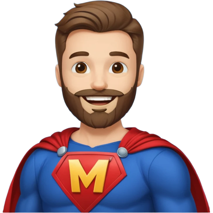 бородатый мужчина в костюме супер героя с буквой М  на груди веселится  emoji