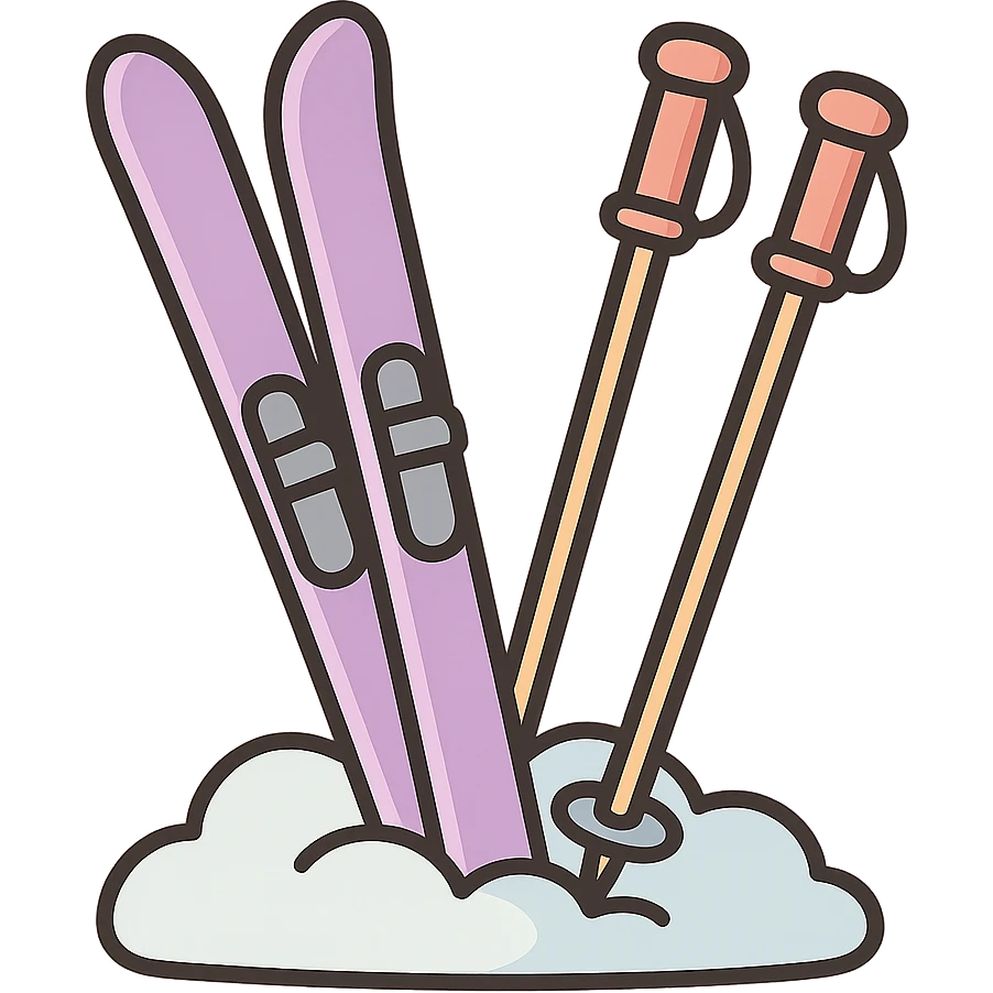 cross-country skis and poles both stuck at an angle into a snowdrift, detailed shading, thin clean outlines, soft rounded features, pastel palette #98B5BC #B5B3C1 #C9A3C9 #E4C0CA #F7DCD1 #F7C0AA, Japanese pop art, sticker look, highly detailed, vector clarity, soft lighting, subtle shadows, transparent background emoji