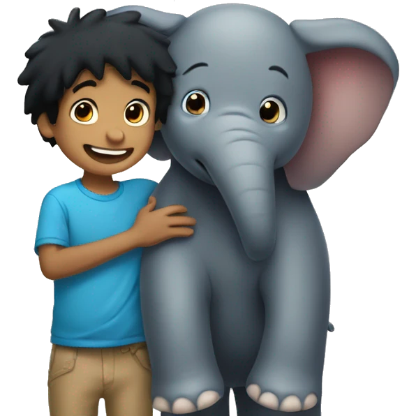 Boy with black hair hugs an smiling elefant emoji
