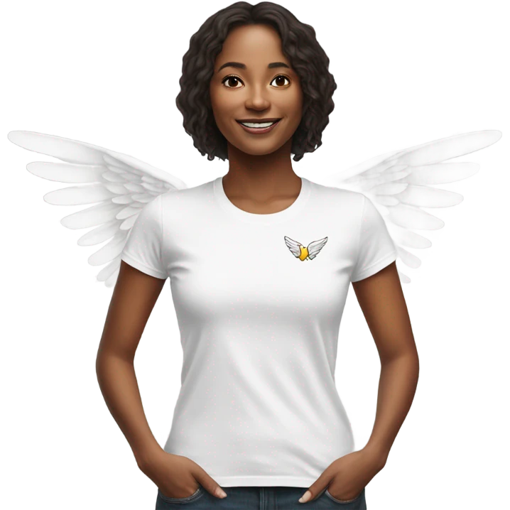 womans white t shirt with small drawing of wings on the front emoji