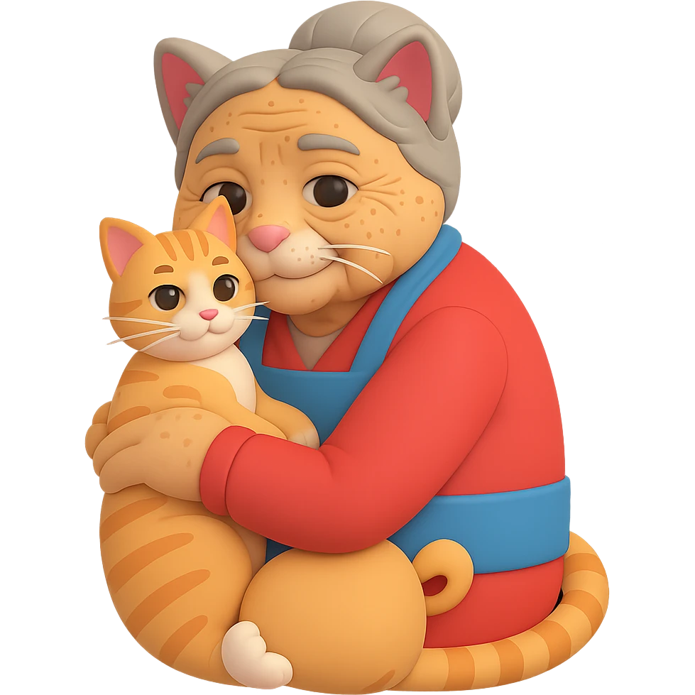 Make the grandmother look older with more wrinkles, gray hair, and age spots in a 3D emoji style. She is holding one cat. The background should be transparent with no background. emoji