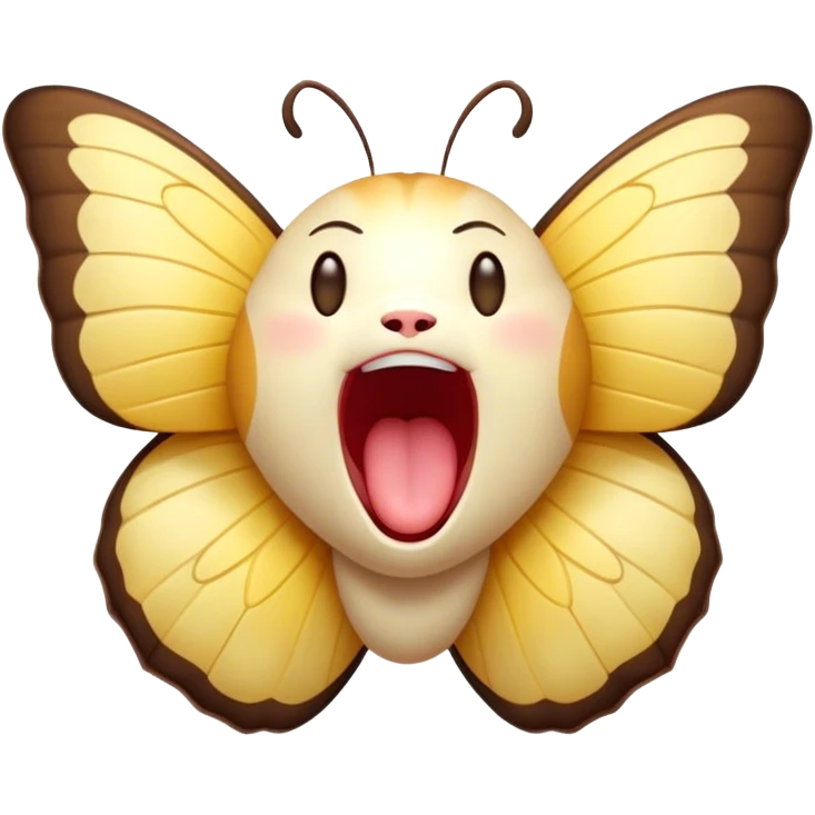 Cinematic Adorable Yawning Butterfly Portrait Emoji, Head tilted slightly with a dramatic, wide-open yawn, showcasing a delicate, softly fluttering body with gently drooping wings and sleepy, half-closed eyes, Simplified yet irresistibly cute features, highly detailed, glowing with a soft, cozy luminescence, high shine, relaxed yet expressive, stylized with a dash of whimsical floral charm, soft glowing outline, capturing the essence of a drowsy butterfly that appears ready to rest its wings for a nap! emoji