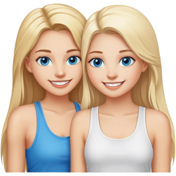 Two girls both have long blonde hair posing cheek to cheek one girl wearing a white shirt and the other girl is wearing a tank top both girls have beautiful blue eyes and a gorgeous smile with white teeth emoji