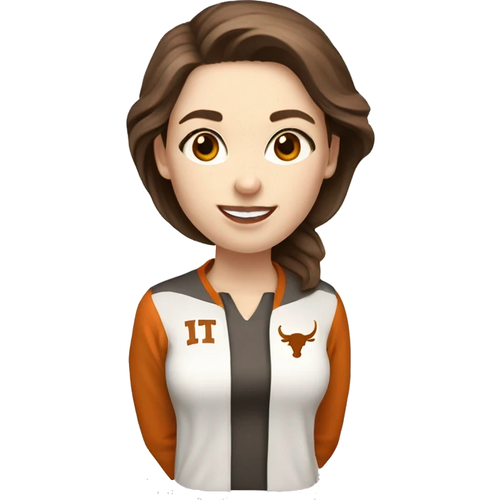 Brown hair, pale skin, woman. Wearing University of Texas Longhorn clothes emoji