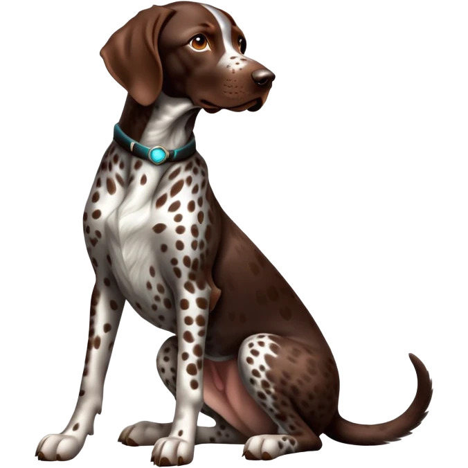 cinematic-[spotted german pointer]-realistic-full-body-sitting-emoji,-tail-resting-loosely-beside-its-paws,-head-tilted-dramatically,-sleek-[brown spotted]-fur,-simplified-yet-realistic-focused-features,-highly-detailed,-glowing-with-an-almost-sarcastic-glow emoji
