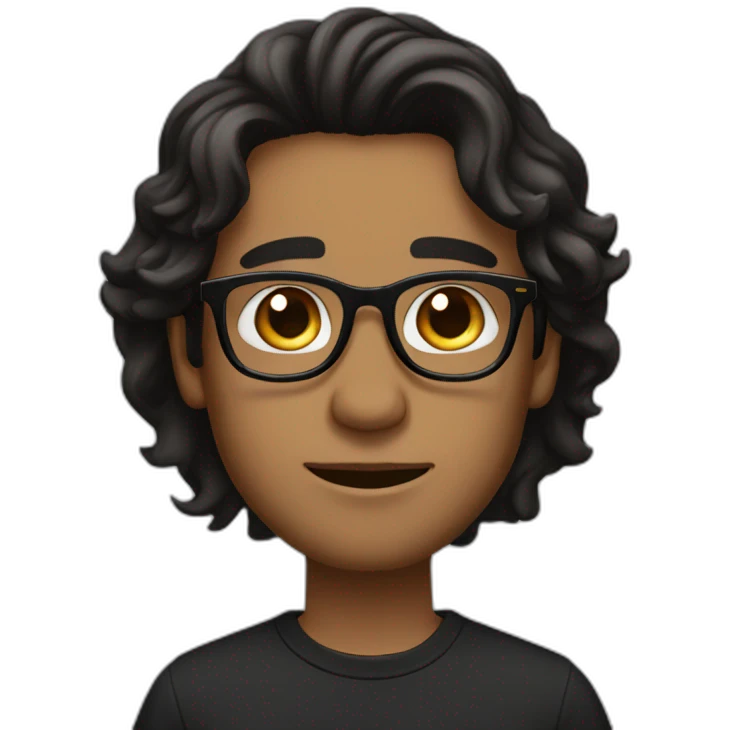 Brown guy, black eyes, black long wavy hair, no facial hair, thin long nose, round glasses, black t shirt emoji