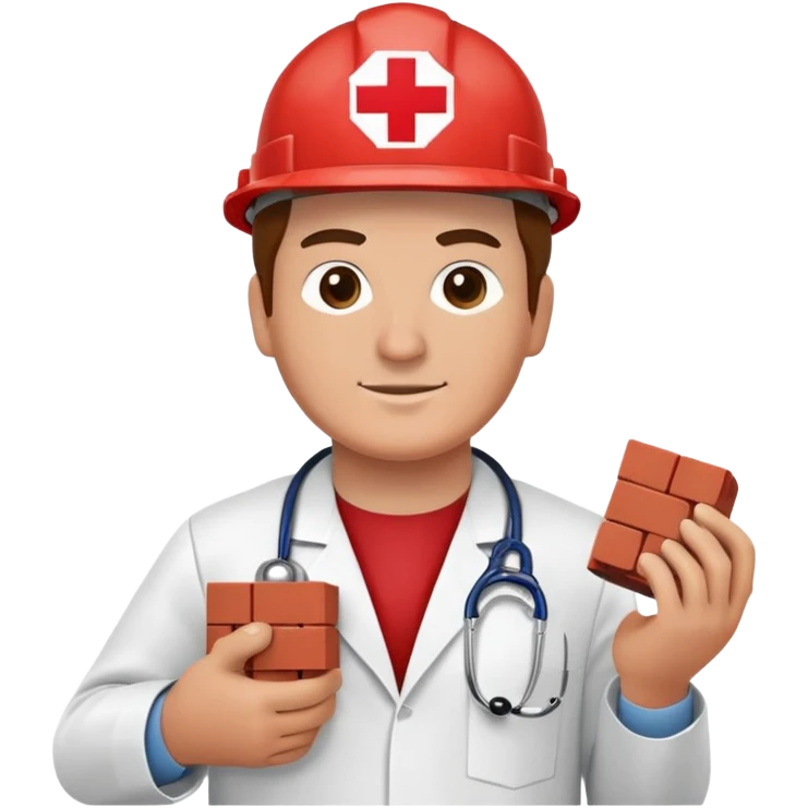Brick mason wearing a hard hat but in a doctors gown emoji holding a red brick says brick doctor on his hardhat emoji