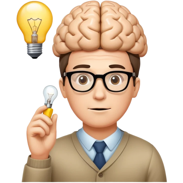 A character with a big brain, glasses, and lightbulb above head, looking smart and intelligent emoji