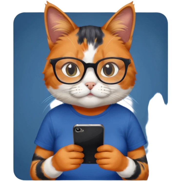 un gato de tres colores naranja, negro y blanco con gafas de leer con un celular en manos leyendo comentarios y que tenga una remera color azul oscuro que diga UOM emoji