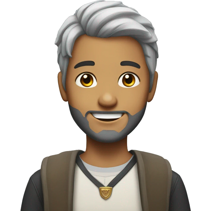 smiling boy with beard grey patch of hair on the temples and a crown emoji